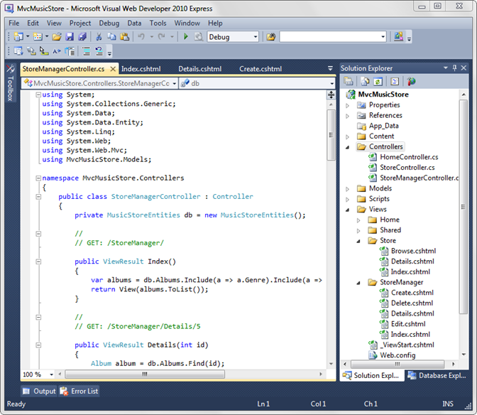 建立後於 Microsoft Visual Web Developer 2010 Express 中開啟之市集管理員控制器視窗的螢幕擷取畫面。