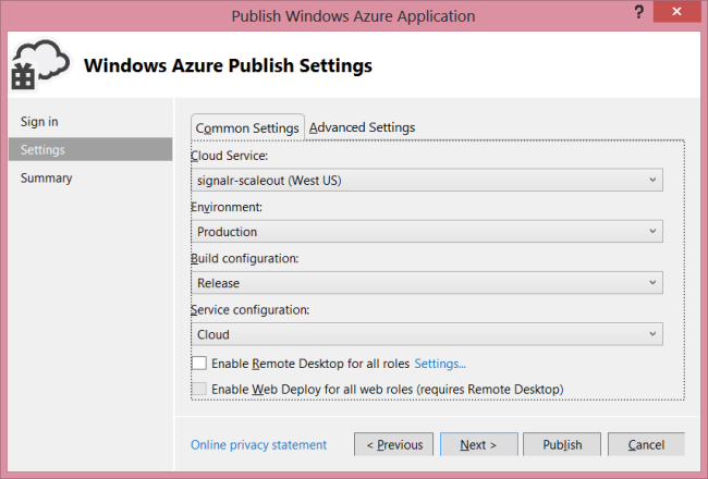 [發佈 Windows Azure 應用程式] 畫面 [設定] 索引標籤的螢幕擷取畫面，其中顯示 [一般設定] 索引標籤中的 [雲端服務] 欄位。