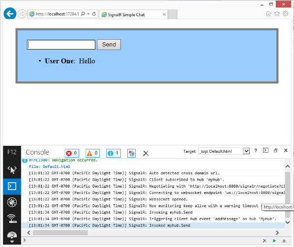 瀏覽器主控台中的 SignalR 追蹤事件