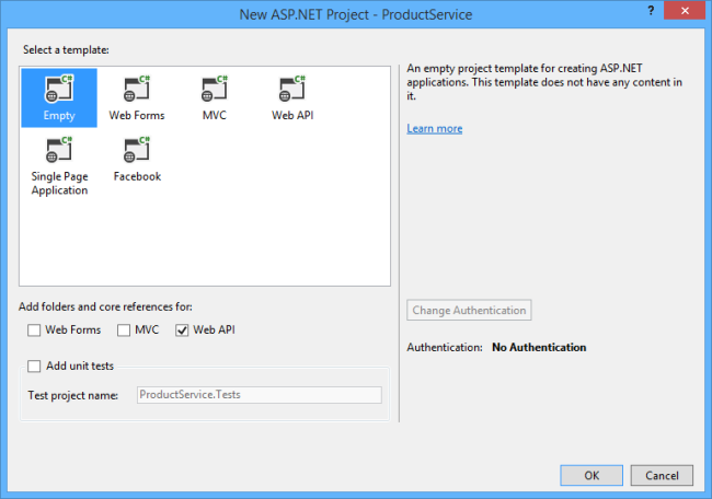 ASP.NET 專案對話方塊的螢幕擷取畫面，其中顯示範本選項方塊並醒目顯示「空白」選項。