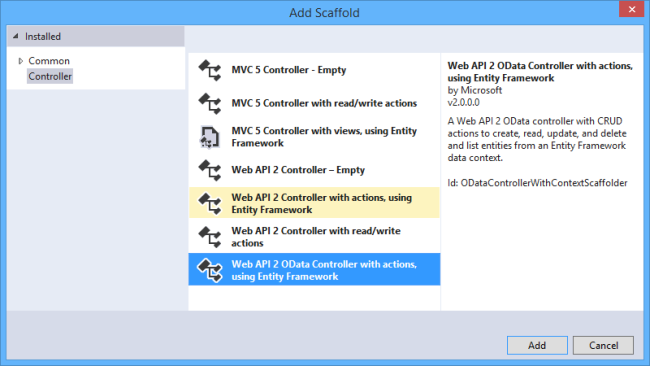 「新增 Scaffold」畫面的螢幕擷取畫面，顯示控制器選項功能表，並醒目顯示 Web API 2 OData 控制器。