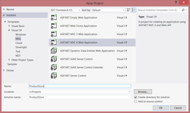 Visual Studio 新專案畫面的螢幕截圖畫面。S P 點 net M V C 4 Web 應用程式會反白顯示。