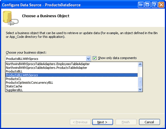 將 ObjectDataSource 設定為使用 ProductsBLLWithSprocs 類別