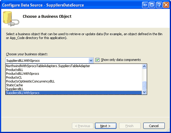 設定 ObjectDataSource 以使用 SuppliersBLLWithSprocs 類別