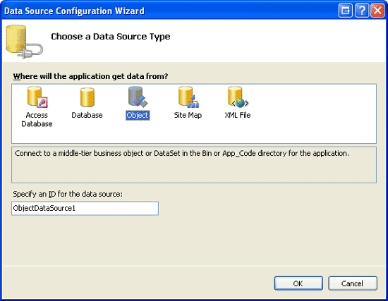 選擇建立新的 ObjectDataSource