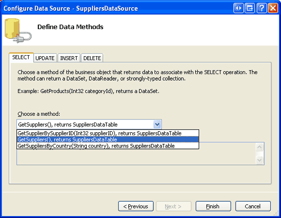 設定 ObjectDataSource 以使用 SuppliersBLL 類別的 GetSuppliers 方法