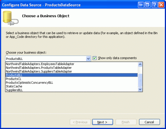 設定 ObjectDataSource 以使用 ProductsBLL 類別