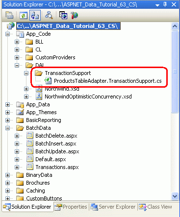 新增名為 TransactionSupport 的資料夾和名為 ProductsTableAdapter.TransactionSupport.cs 的類別檔案