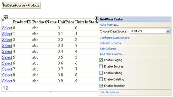 GridView 工作功能表的螢幕擷取畫面。