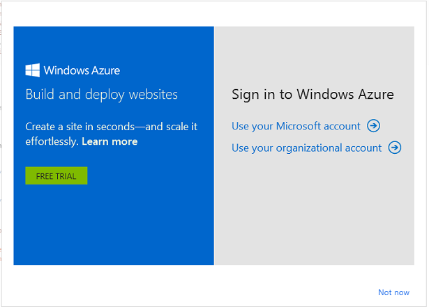 Microsoft Windows Azure 登入對話方塊的螢幕截圖，其中顯示 Microsoft 帳戶和組織帳戶登入。