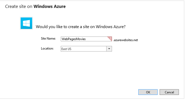 在 Windows Azure 上建立網站視窗的螢幕截圖，其中顯示預設名稱無法使用，如紅色驚嘆號所示。