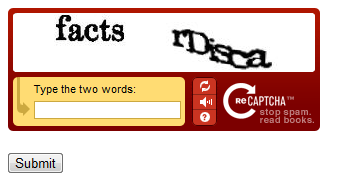 Recaptcha .cshtml 瀏覽器頁面的螢幕擷取畫面，顯示已建立的 Captcha 和 [提交] 按鈕。