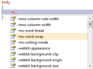 顯示 IntelliSense 中選取 m s word 換行的螢幕擷取畫面。