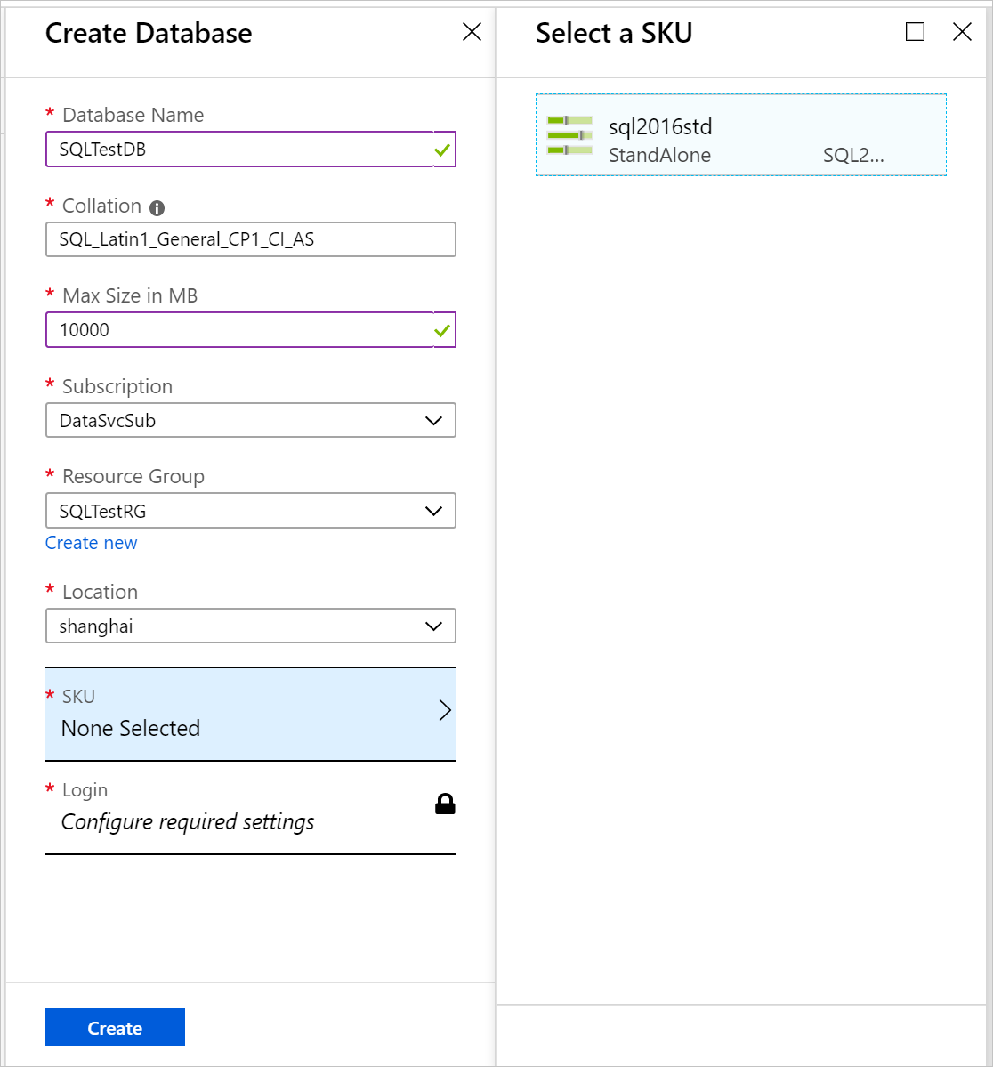 在 Azure Stack Hub 使用者入口網站中建立資料庫。