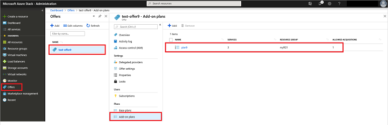 此螢幕擷取畫面顯示 Azure Stack 系統管理員入口網站中要檢閱的附加方案清單。