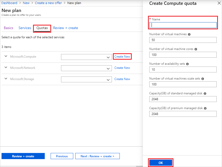 在 Azure Stack Hub 管理入口網站中建立計算配額