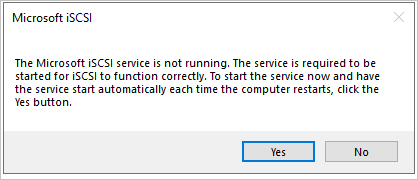 [Microsoft iSCSI] 對話框會報告 iSCSI 服務未執行;有 [是] 按鈕可啟動服務。