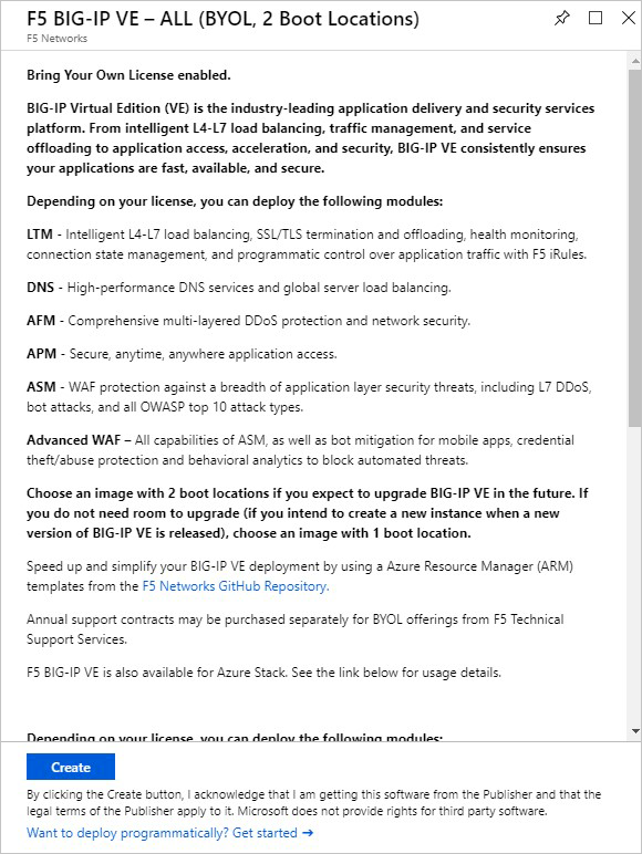 [F5 BIG-IP VE – ALL （BYOL， 2 開機位置）] 對話框會根據授權提供 BIG-IP VE 和您可以部署的模組資訊。有 [建立] 按鈕。