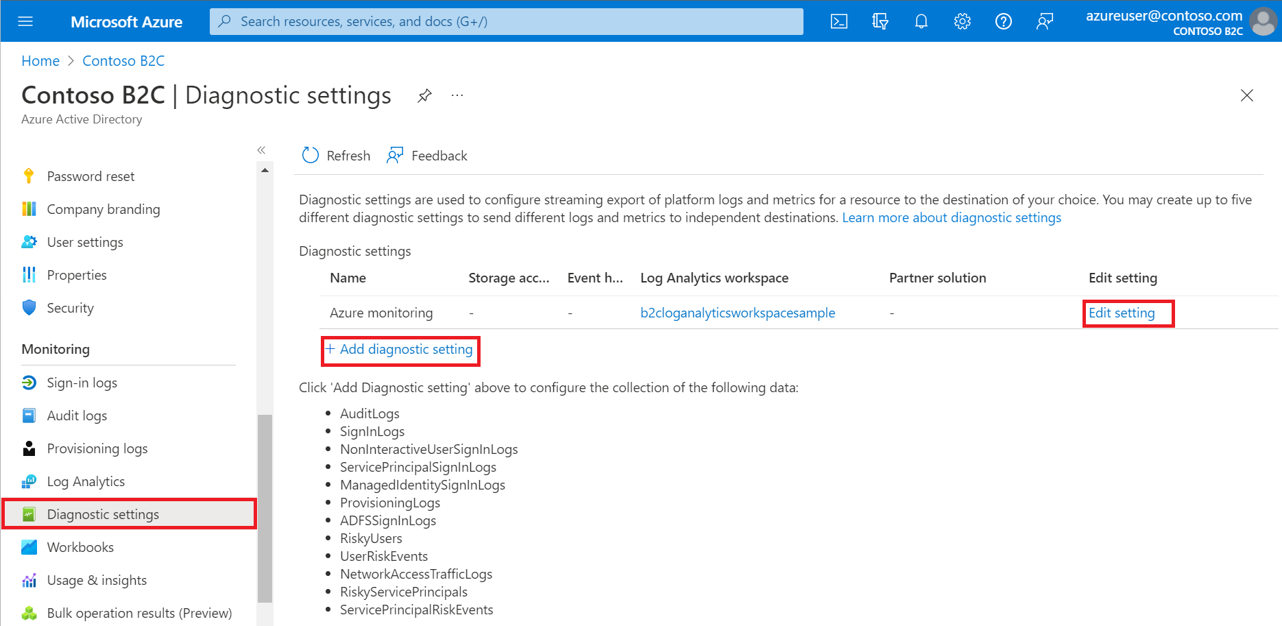 Screenshot of the diagnostics settings pane in Azure portal.