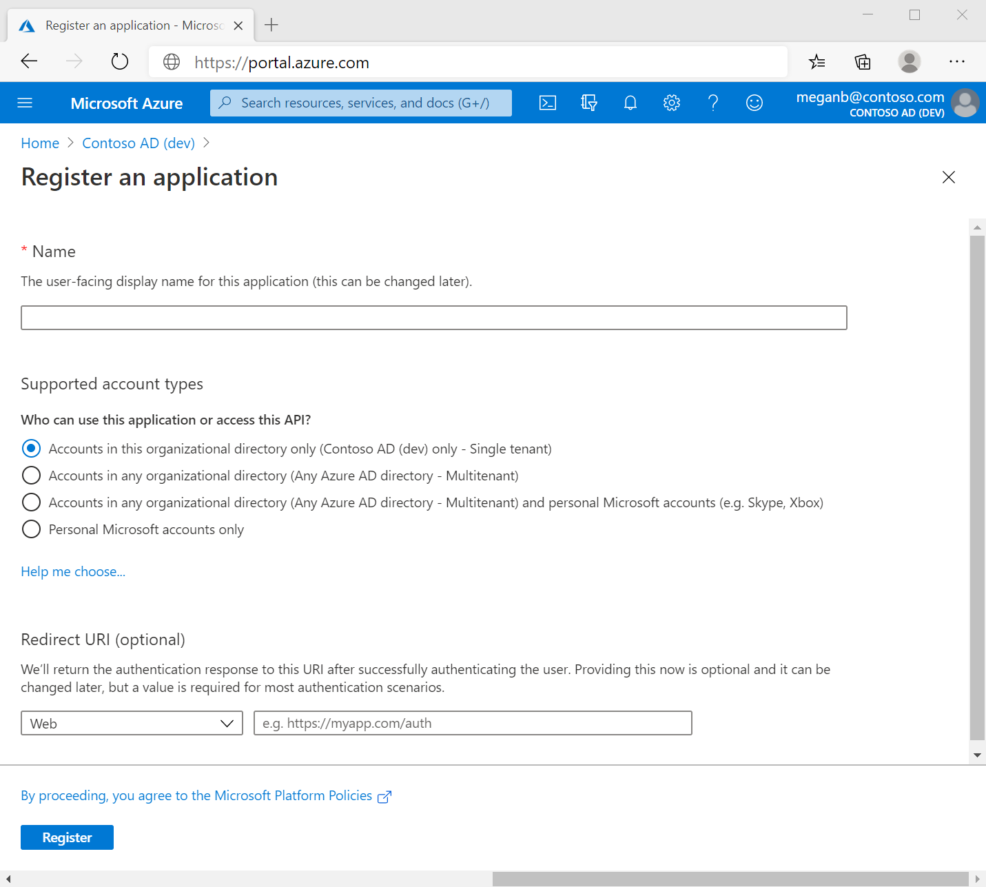 網頁瀏覽器中的 Azure 入口網站螢幕擷取畫面，其中顯示 [註冊應用程式] 窗格。