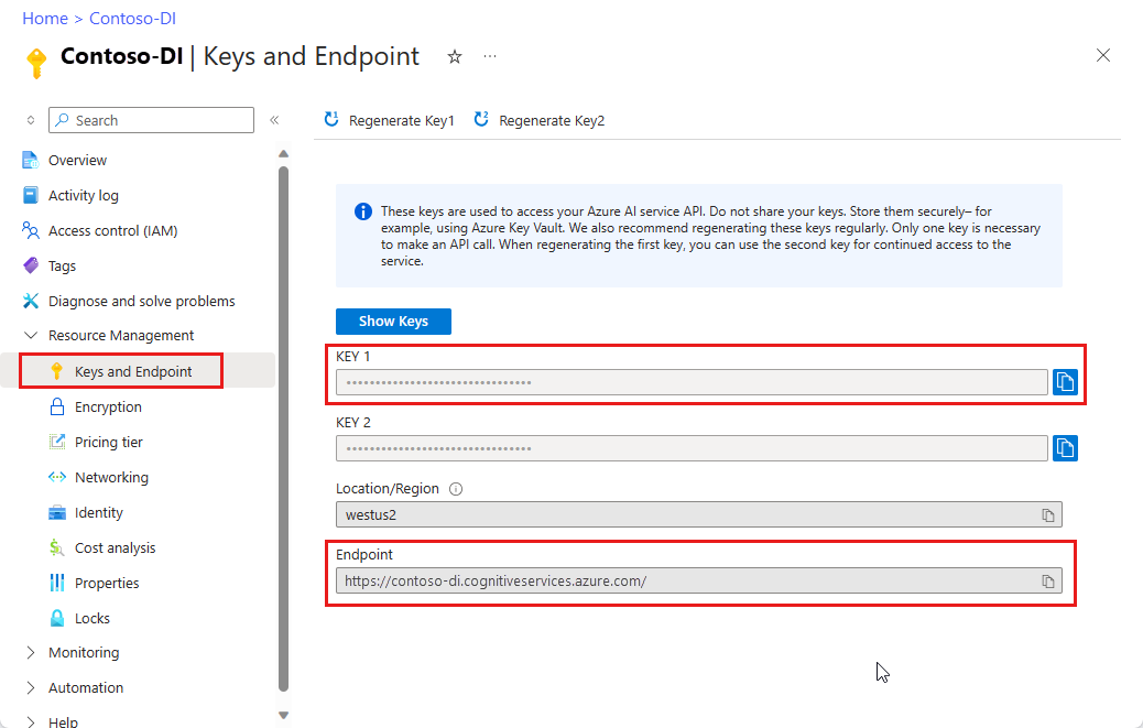 螢幕擷取畫面：顯示 Azure 入口網站中的金鑰和端點位置。