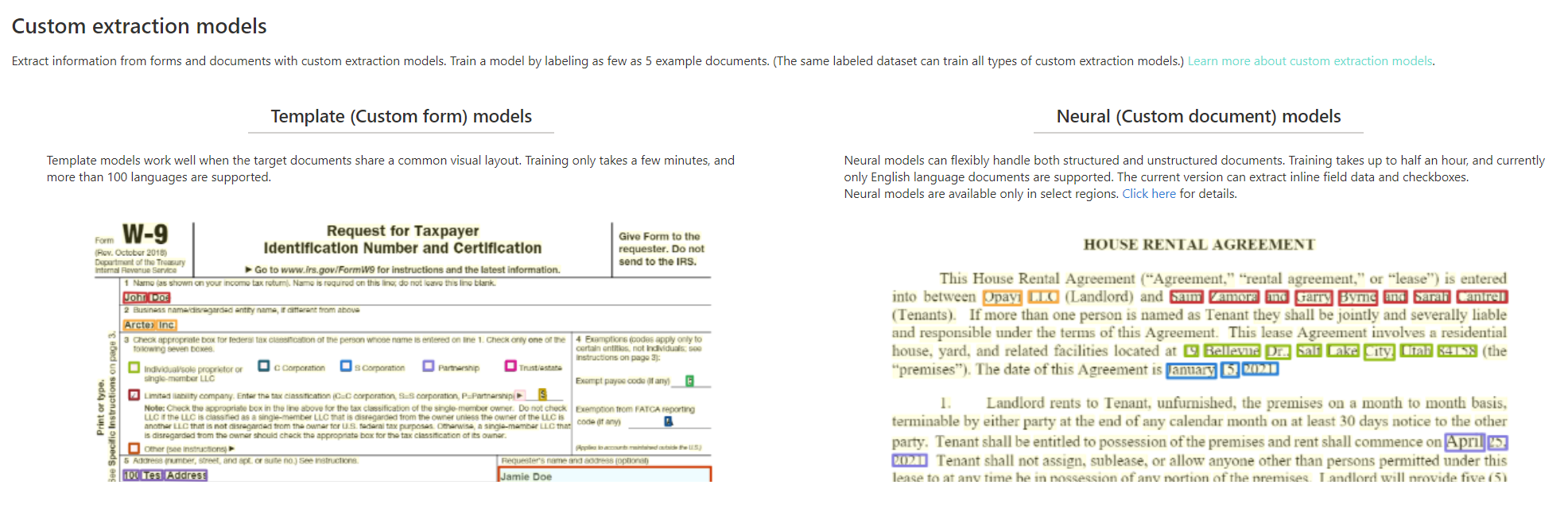 Document Intelligence Studio 中自訂擷取模型分析的螢幕擷取畫面。