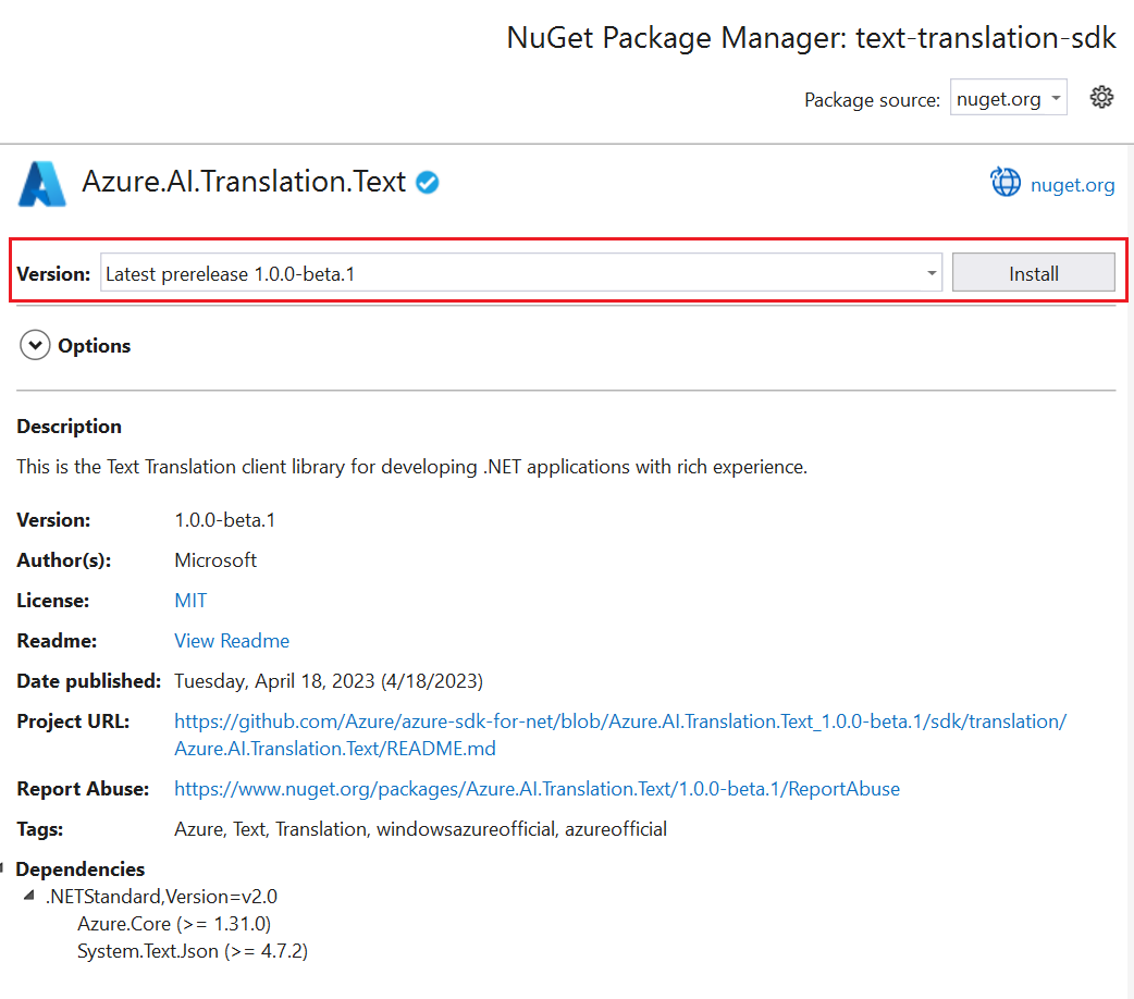 Visual Studio 中安裝「發行前版本」NuGet 套件的螢幕擷取畫面。