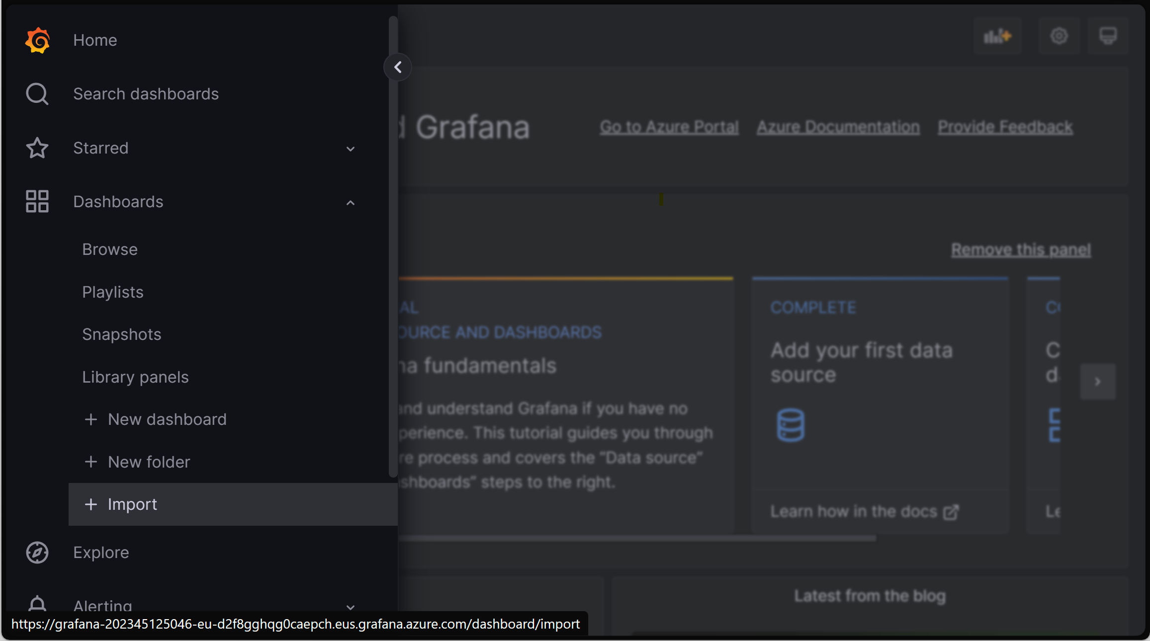 瀏覽器的螢幕擷取畫面，其中顯示已醒目提示 [匯入] 儀表板的 Grafana 執行個體。