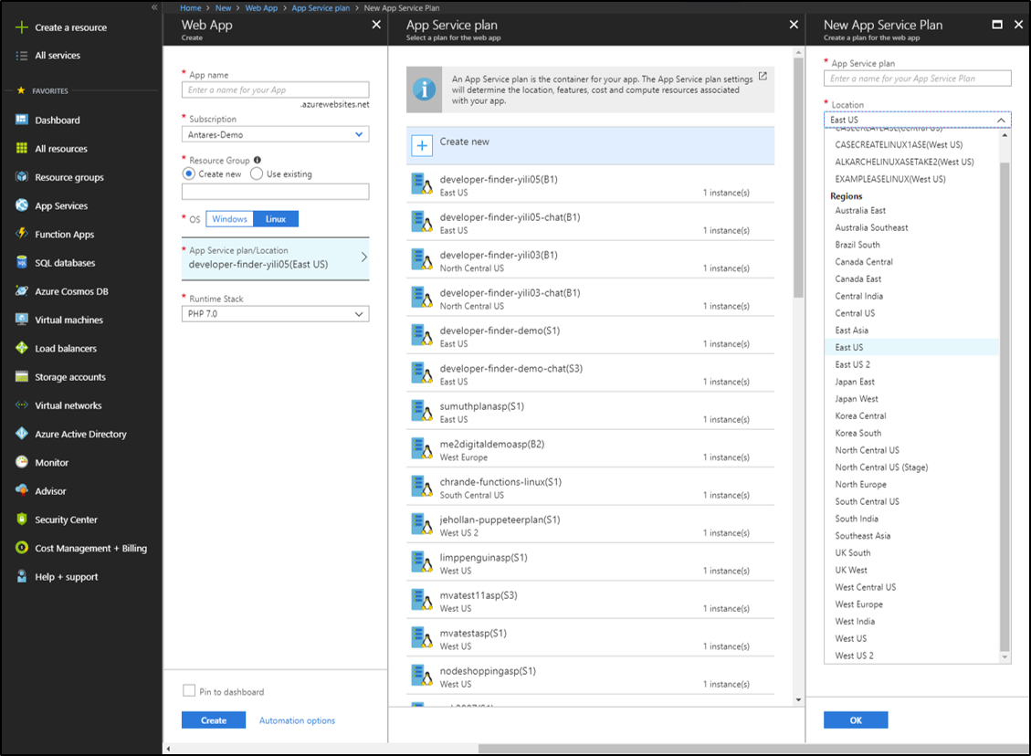 螢幕擷取畫面：Azure 入口網站顯示開啟的 [Web 應用程式] 窗格、[App Service 方案] 窗格，以及 [新增 App Service 方案] 窗格。