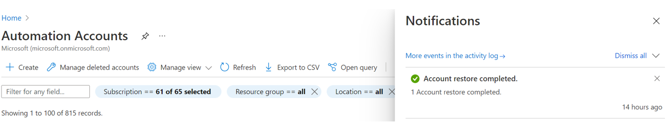 螢幕擷取畫面顯示將已刪除的自動化帳戶復原的通知。