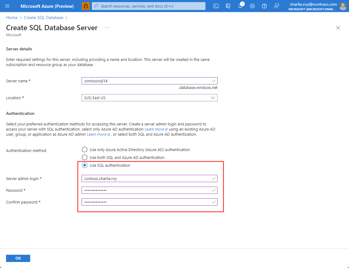 Azure SQL 資源的驗證資訊螢幕擷取畫面。