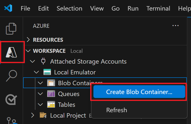 顯示如何在 Visual Studio Code 本機模擬中選取 [建立 Blob 容器] 的螢幕擷取畫面。