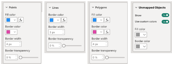 此螢幕快照顯示 Power BI Desktop 參考層控件中點、線條、多邊形和 Unmanaged 物件的條件式格式設定控制件。