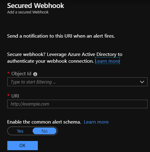 顯示 Azure 入口網站中含 [物件識別碼] 方塊的 [安全 Webhook] 對話方塊的螢幕擷取畫面。