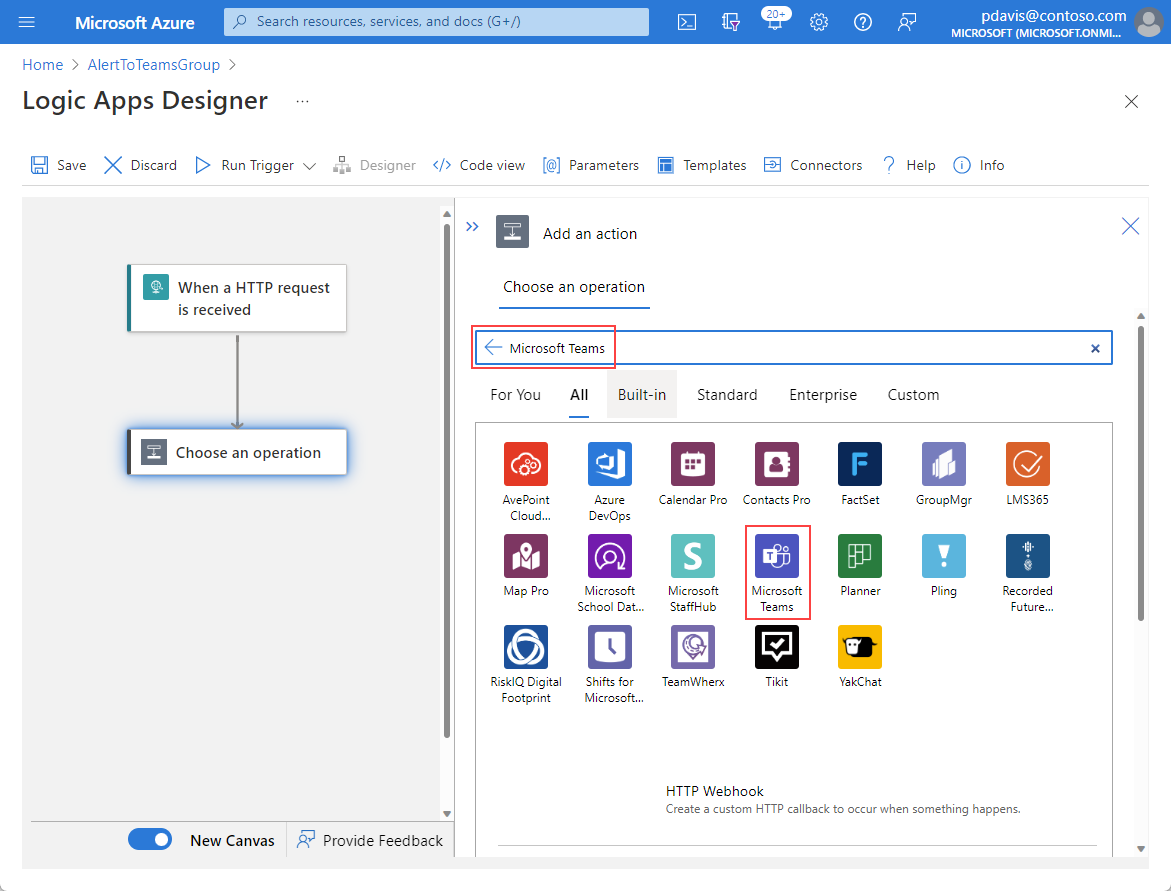 顯示 Logic Apps 設計工具 [新增動作] 頁面的螢幕擷取畫面，其中已選取 [Microsoft Teams]。