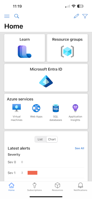 Azure 行動應用程式首頁畫面的螢幕擷取畫面，其中包含數張顯示卡。