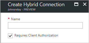 標題為 [建立混合式連線] 的對話框具有 [名稱] 文本框，並已核取標示為 [需要客戶端驗證] 的複選框。