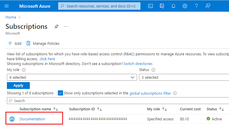 選取 Azure 訂用帳戶的螢幕擷取畫面。