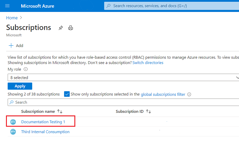 網頁瀏覽器中的 Azure 入口網站螢幕擷取畫面，其中顯示選取訂用帳戶。