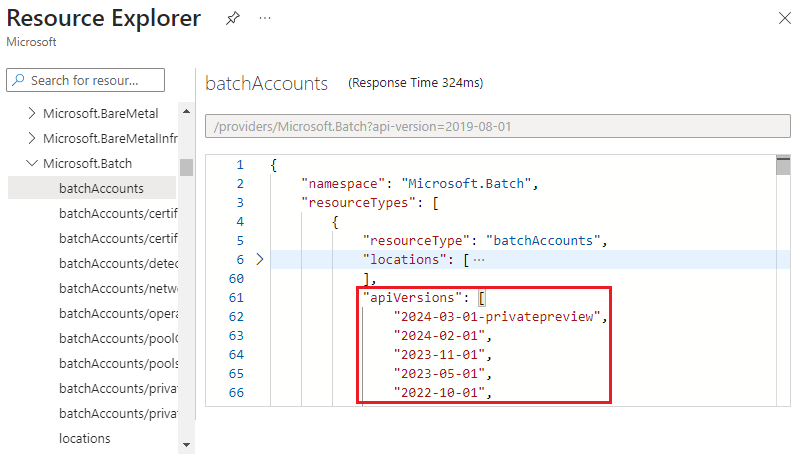 顯示 Azure 資源總管中資源類型有效 API 版本的螢幕擷取畫面。