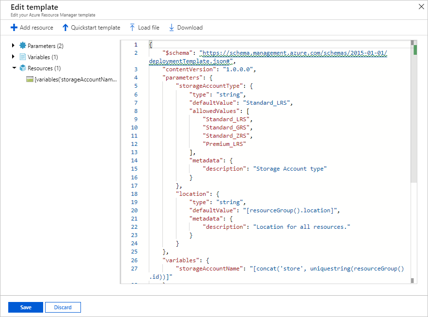 在 Azure 入口網站 中編輯 JSON 範本的螢幕快照