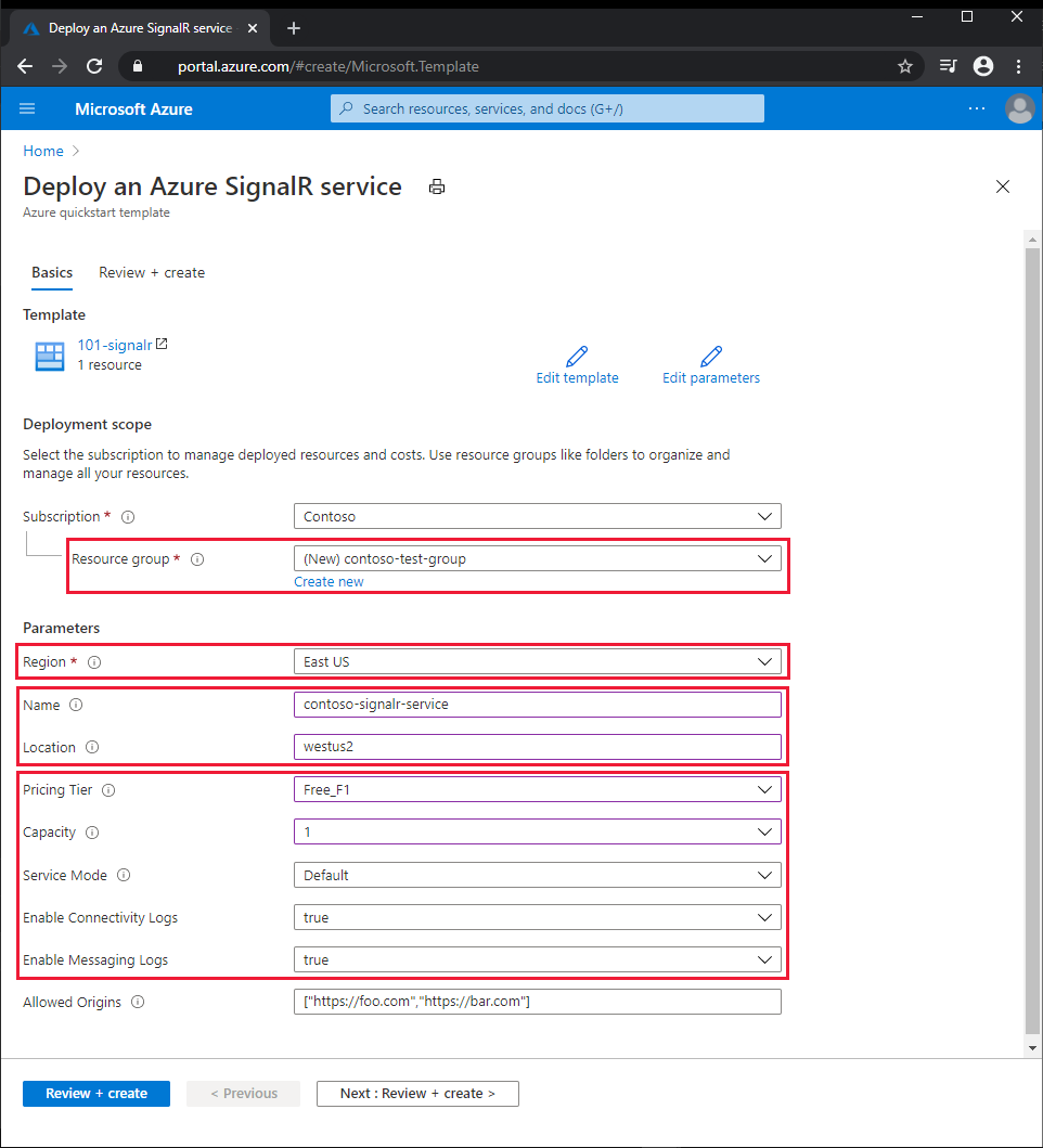 用於在 Azure 入口網站 中建立 Azure SignalR 服務的 ARM 範本螢幕快照。