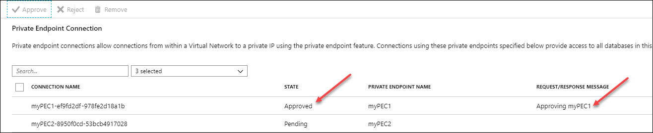 Azure 入口網站的螢幕擷取畫面，其中私人端點連線頁面上顯示了一個擱置連線和一個核准的連線。