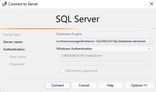 SQL Server Management Studio 的對話方塊，[伺服器名稱] 區域中顯示受控執行個體名稱，而 [驗證] 設定為 [Windows 驗證]。