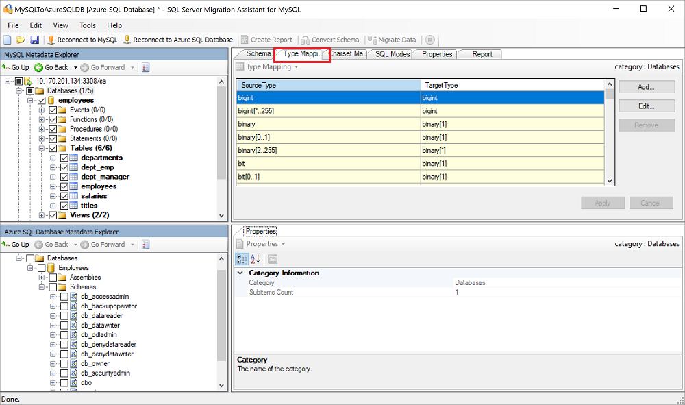 此螢幕擷取畫面顯示適用於 MySQL 的 SSMA 中的 [類型對應] 窗格。