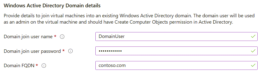 Azure 入口網站的螢幕擷取畫面：顯示 Windows Active Directory 網域詳細資料。