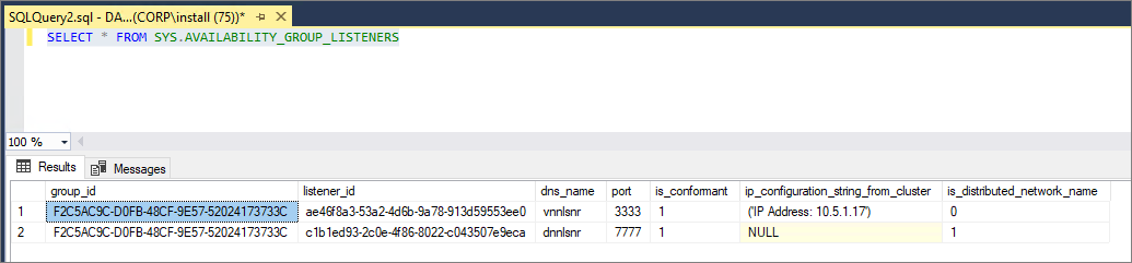 使用 sys.availability_group_listeners 來識別 is_distributed_network_name 中值為 1 的 DNN 接聽程式