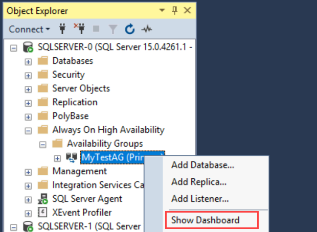 SSMS 中物件總管的螢幕擷取畫面，其中顯示開啟可用性群組儀表板的選項。