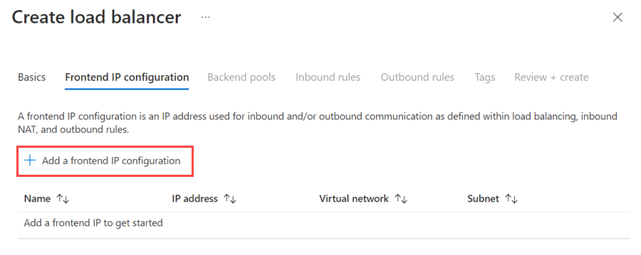 Azure 入口網站的螢幕擷取畫面：顯示用於新增前端 IP 設定的按鈕。