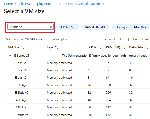 Azure 入口網站上 [選取 VM 大小] 頁面的螢幕擷取畫面。